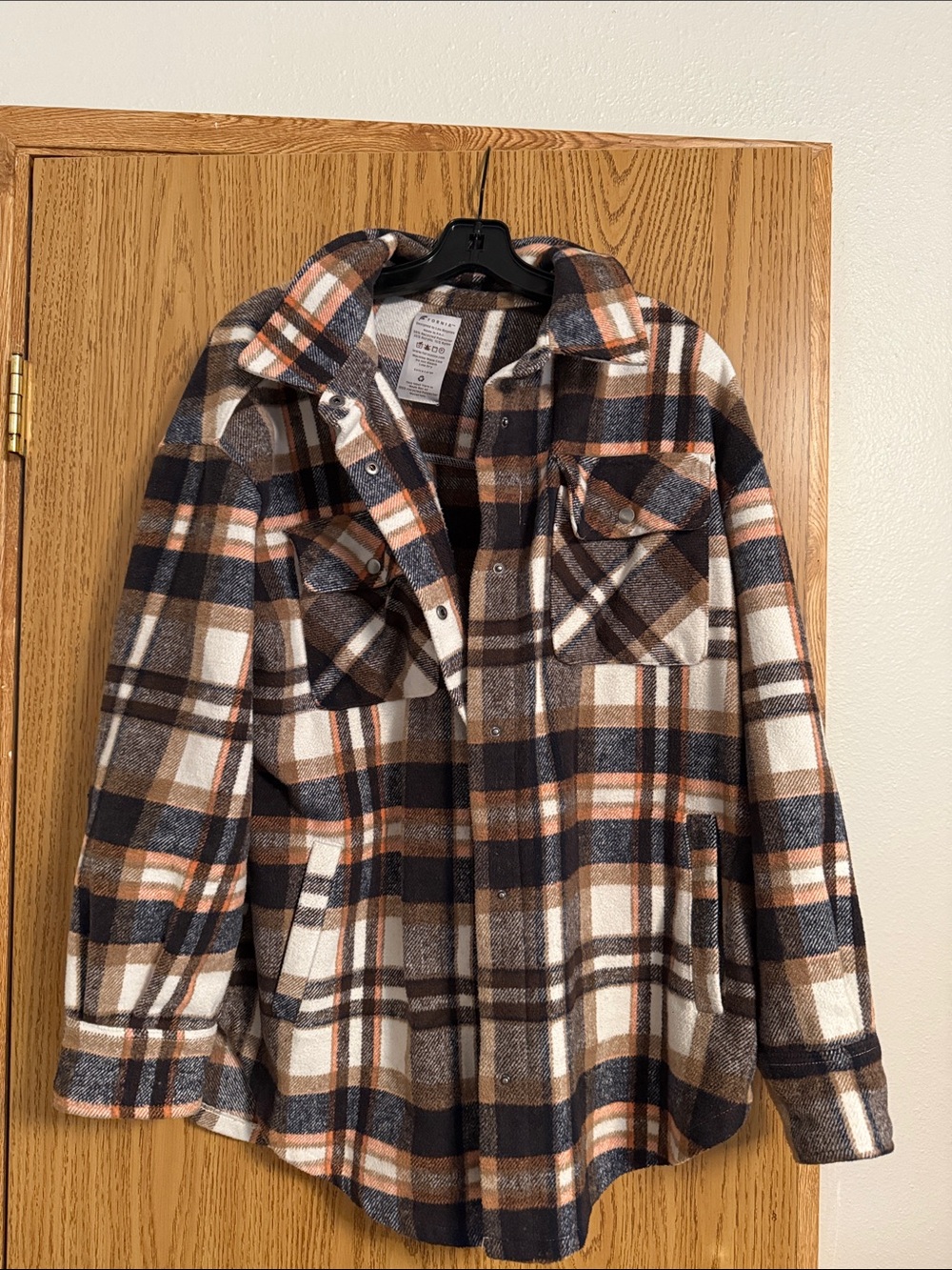 Plaid Button-Up Pea Coat Jacket in Brown & Navy - Fornia